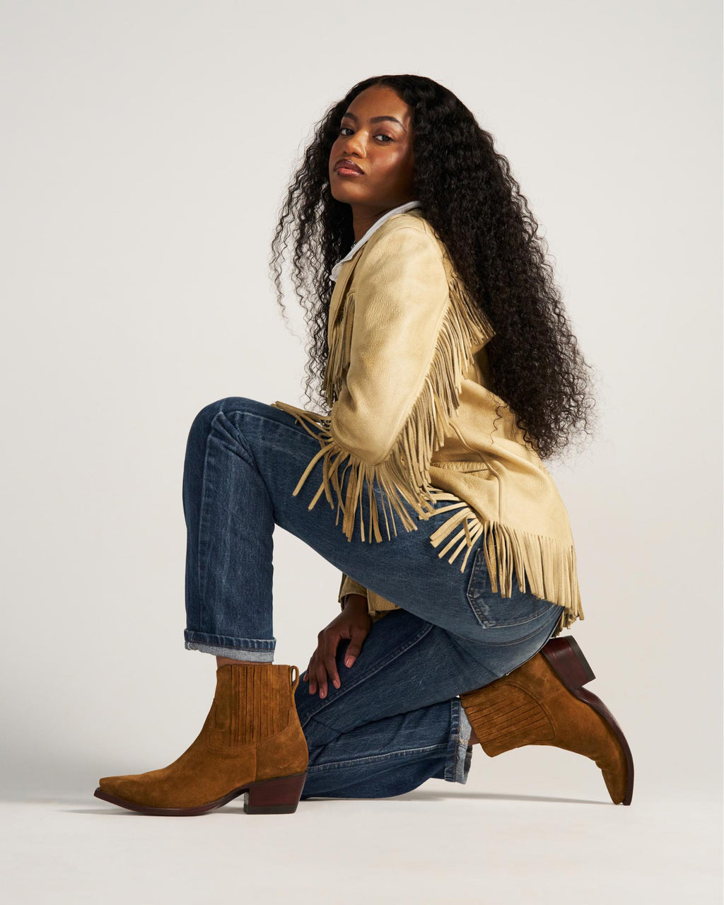 Full view of The Piper II - Sienna Suede on model