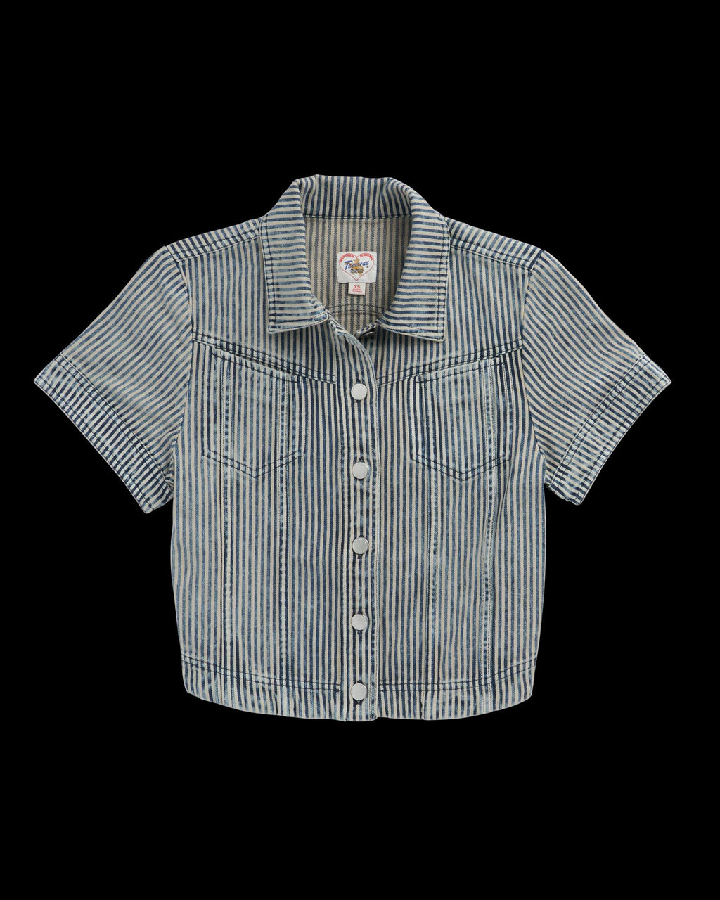 Top view of Women's S/S Denim Top - Blue / White on plain background