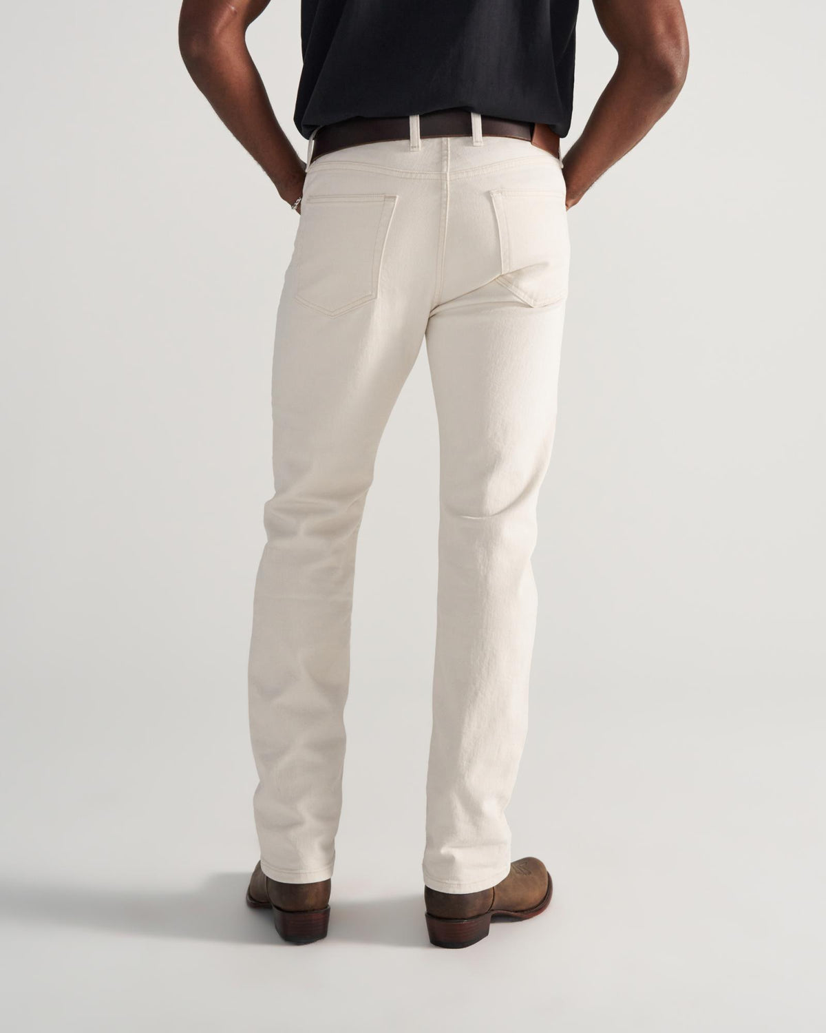Back view of Men's Slim Stretch Twill - Light Sand on model