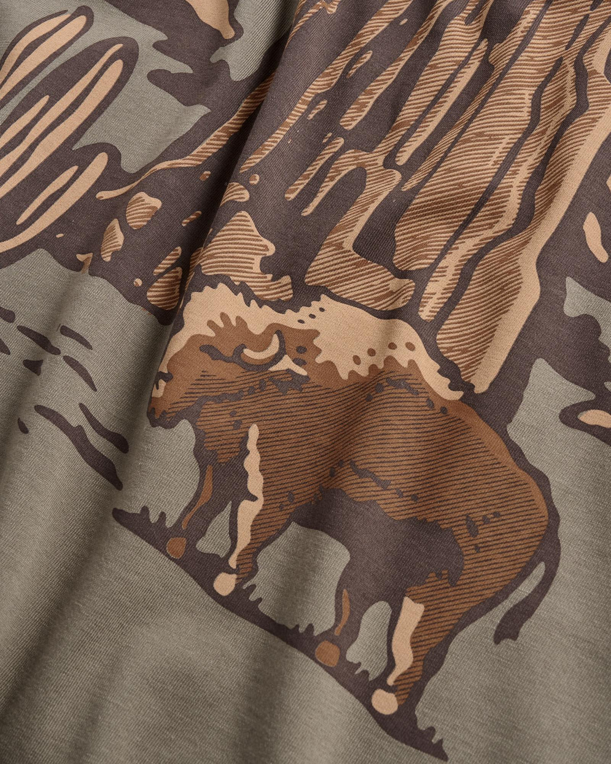 Closeup view of Men's Bison Landscape T-Shirt - Smokey Olive