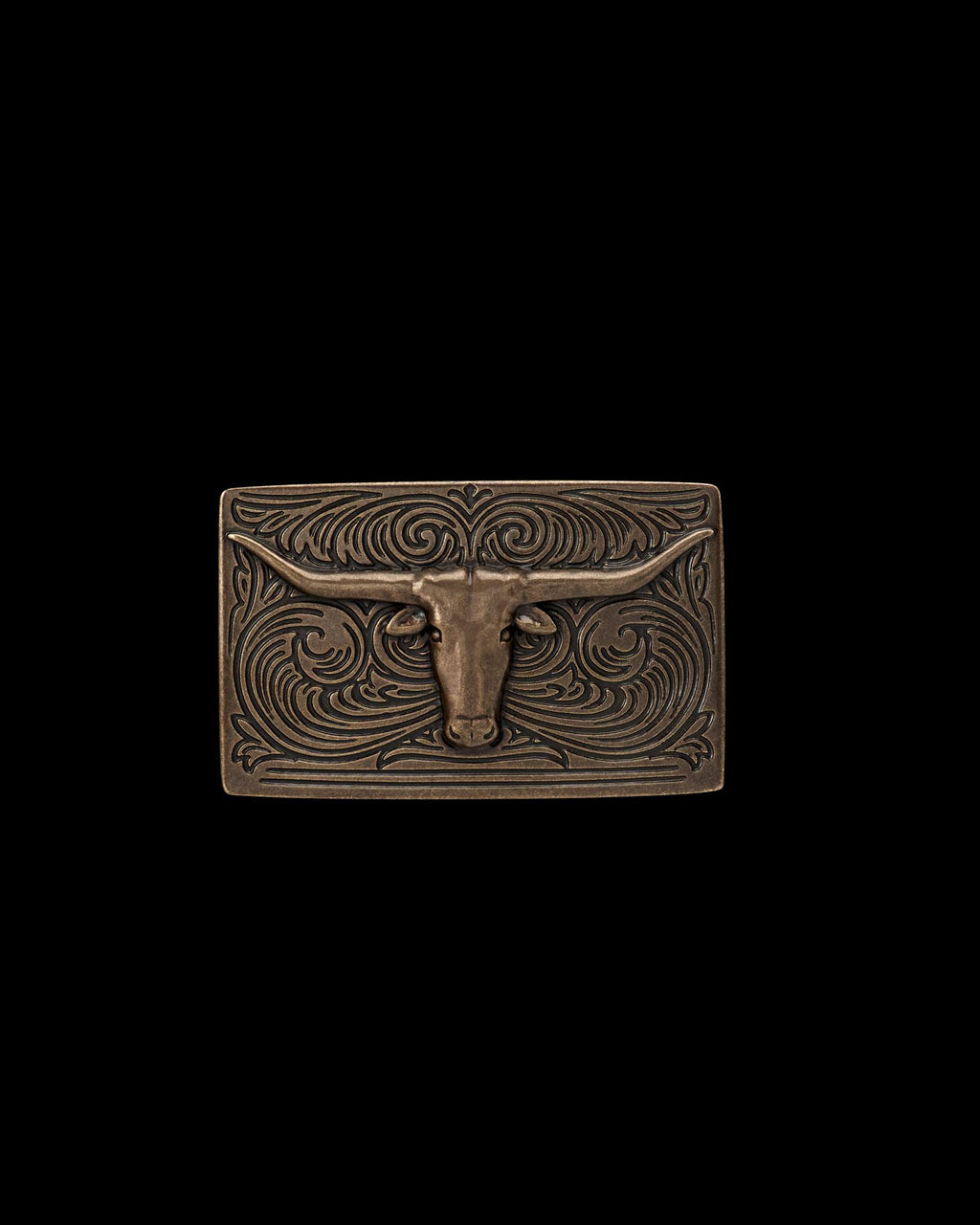 Front view of Longhorn Belt Buckle - Antique Brass on plain background