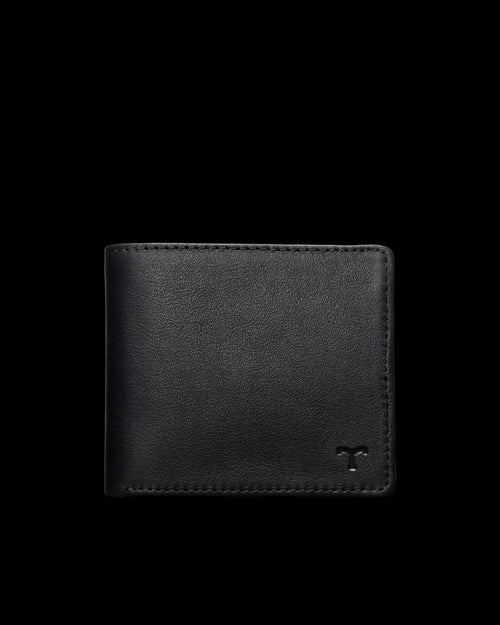 Black leather wallet with a small logo in the bottom right corner, shown against a plain background.
