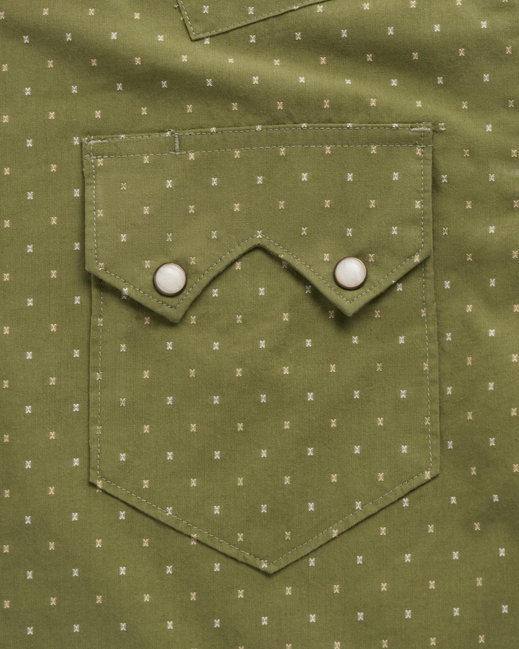 Closeup detail view of Men's Star Stitch Pearl Snap - Sage