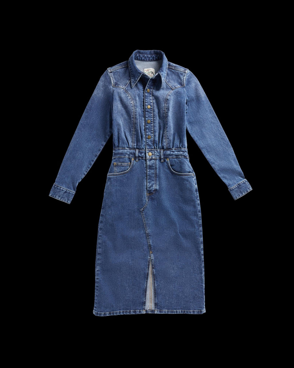 Front view of Women's L/S Denim Midi Dress - Medium Wash on plain background