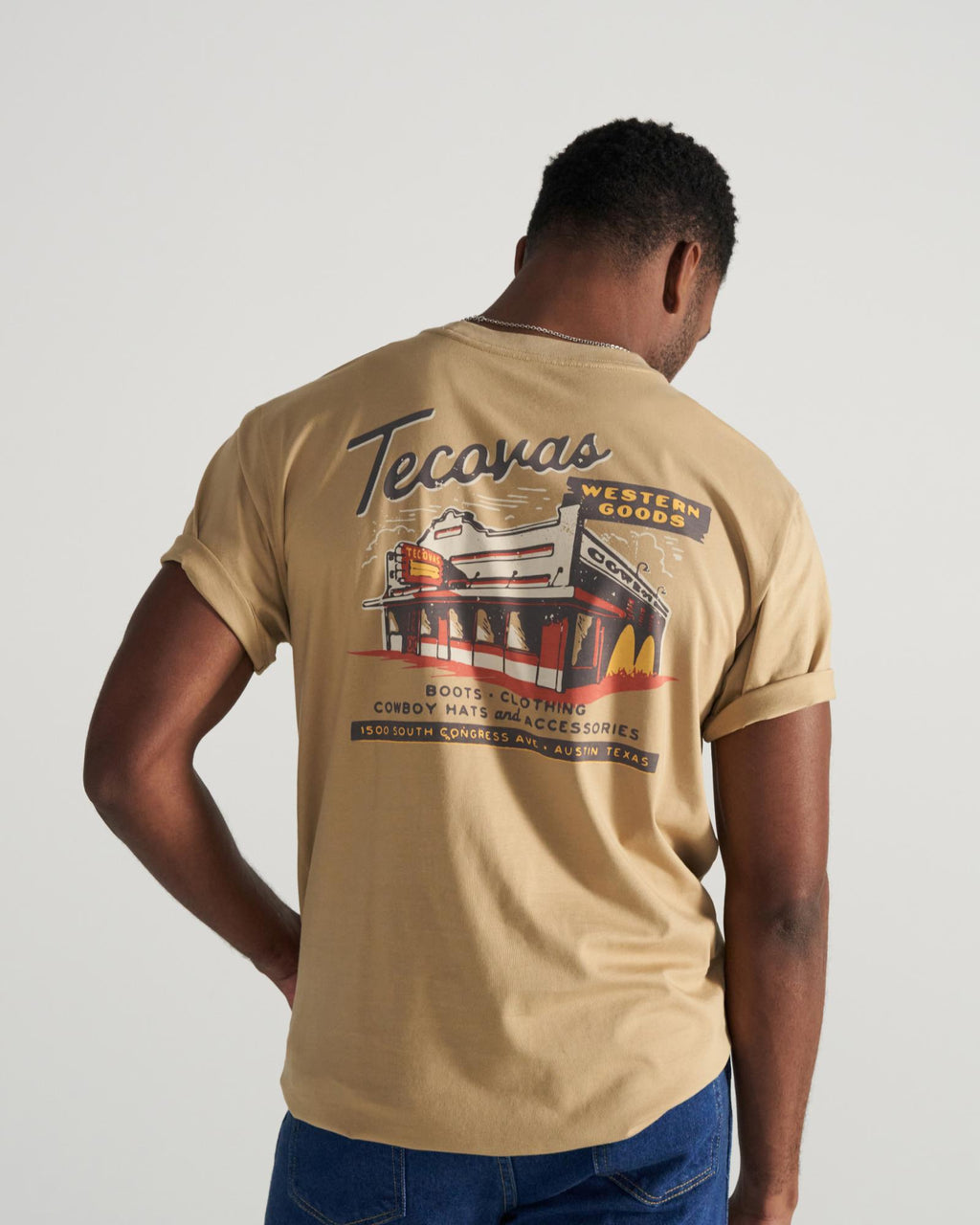 Closeup detail view of Men's Store Front Pocket T-Shirt - Khaki/Multi