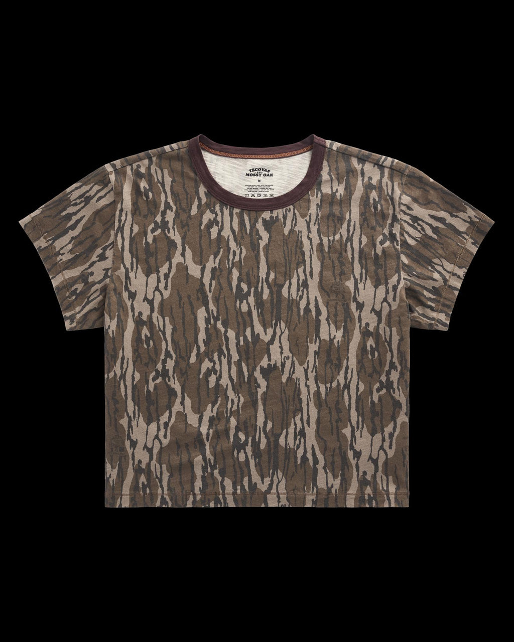 Front view of Women's Tecovas x Mossy Oak Ringer Tee - Original Bottomland on plain background