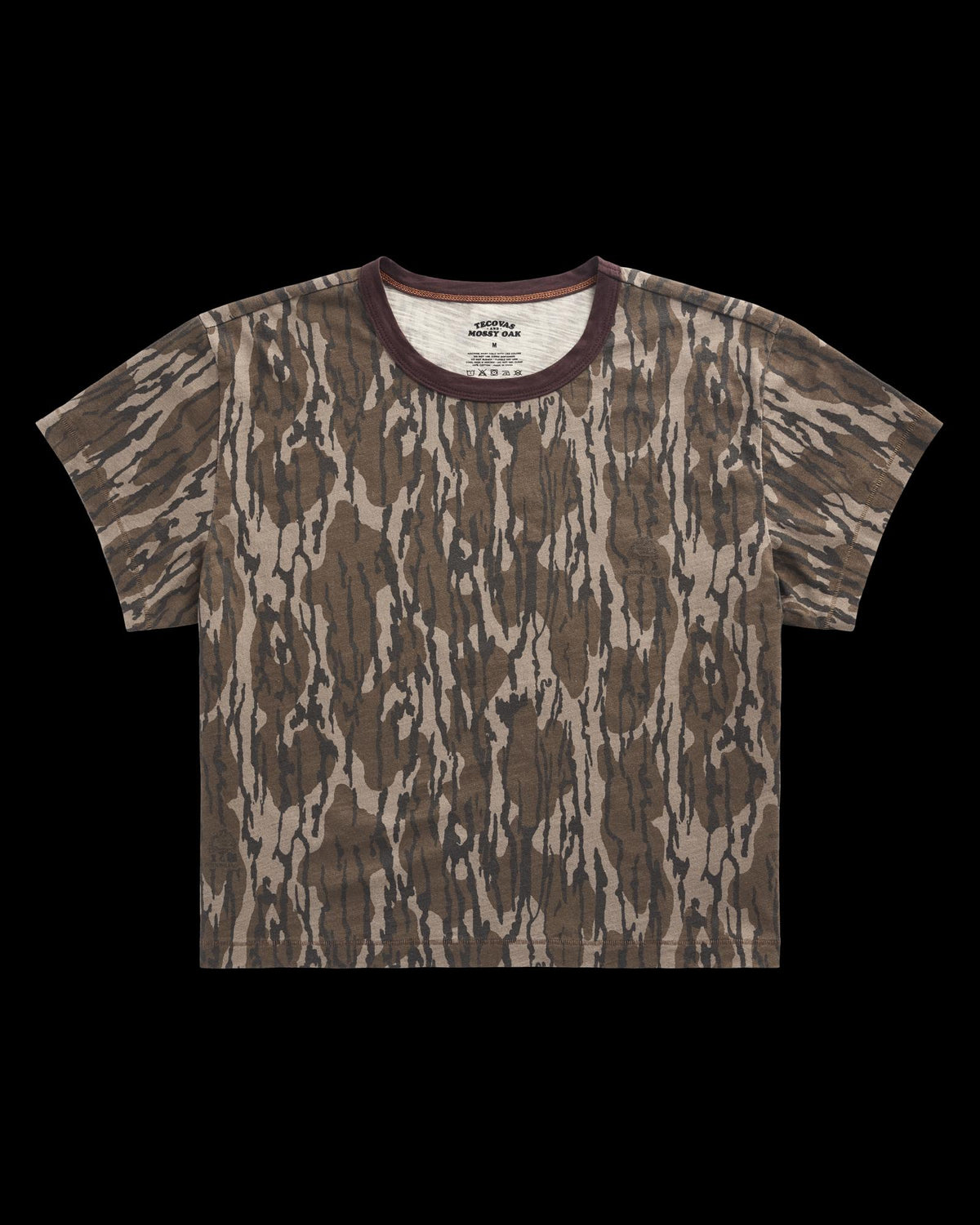 Front view of Women's Tecovas x Mossy Oak Ringer Tee - Original Bottomland on plain background
