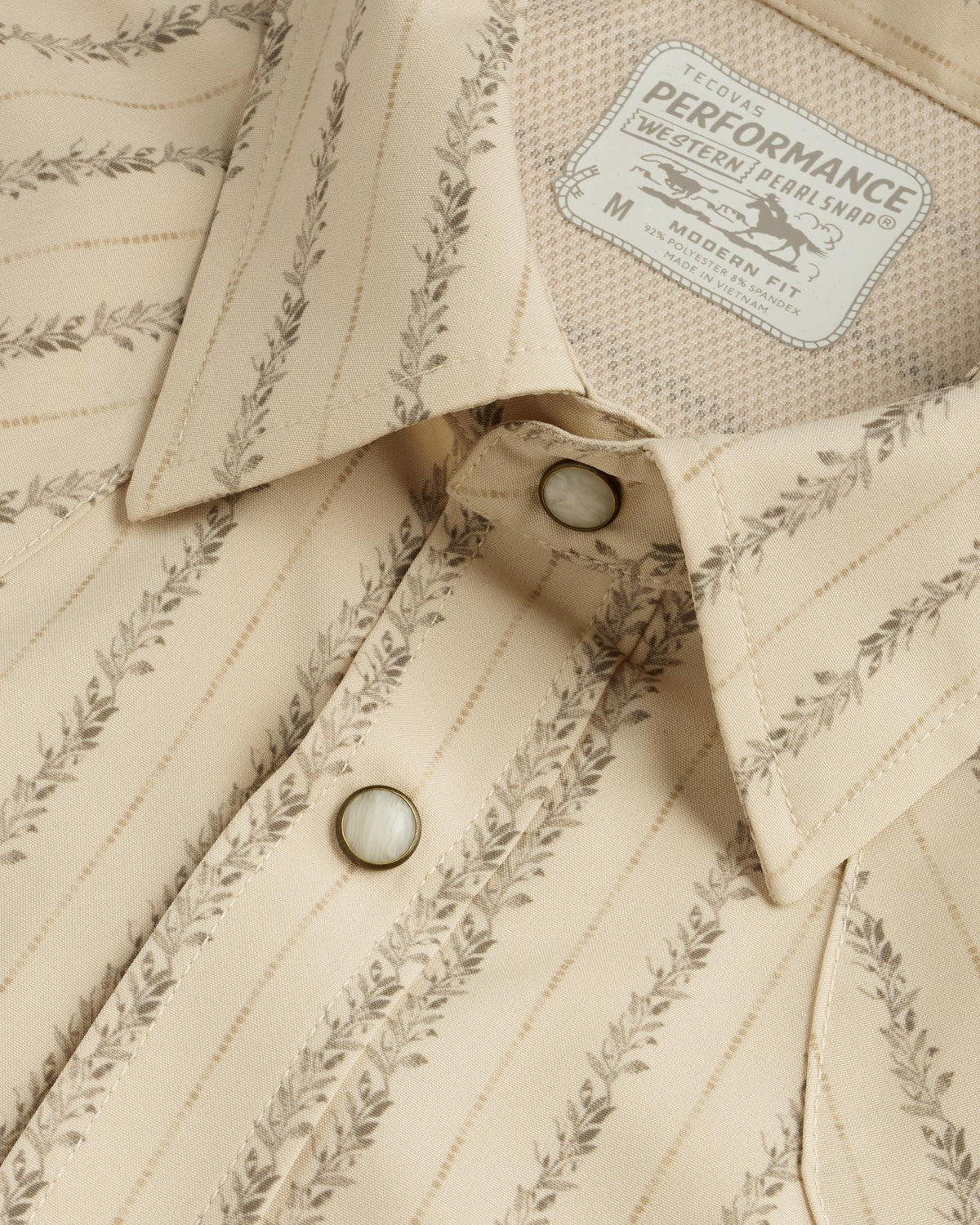 Closeup detail view of Men's Performance Western Pearl Snap - Sandstone/Multi