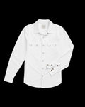 A long-sleeve white button-up shirt with two chest pockets, metal buttons, and a pointed collar, laid flat on a white background.