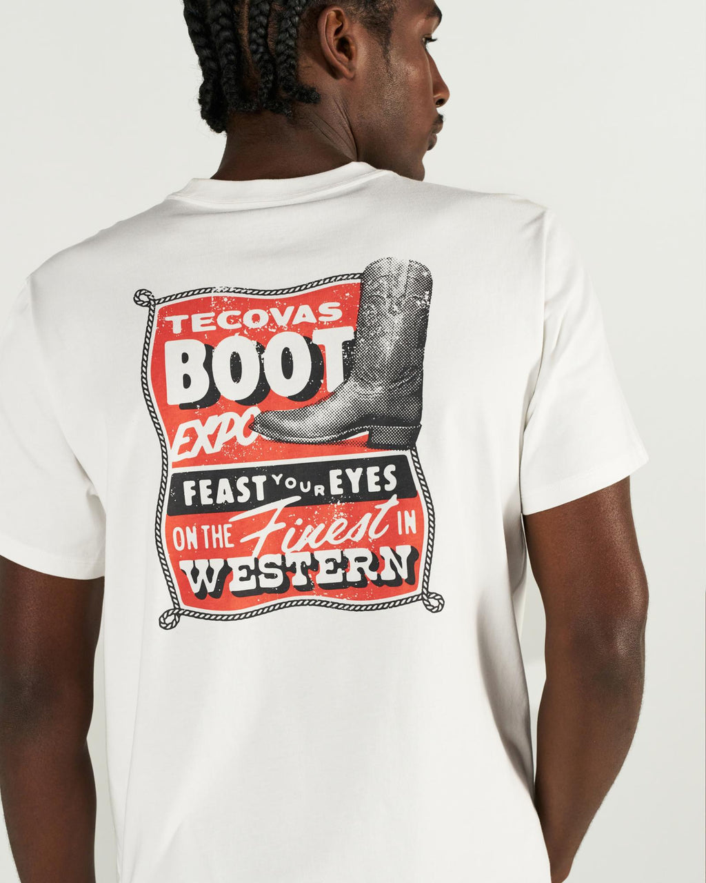 Back view of Men's Boot Expo T-Shirt - Bone on model