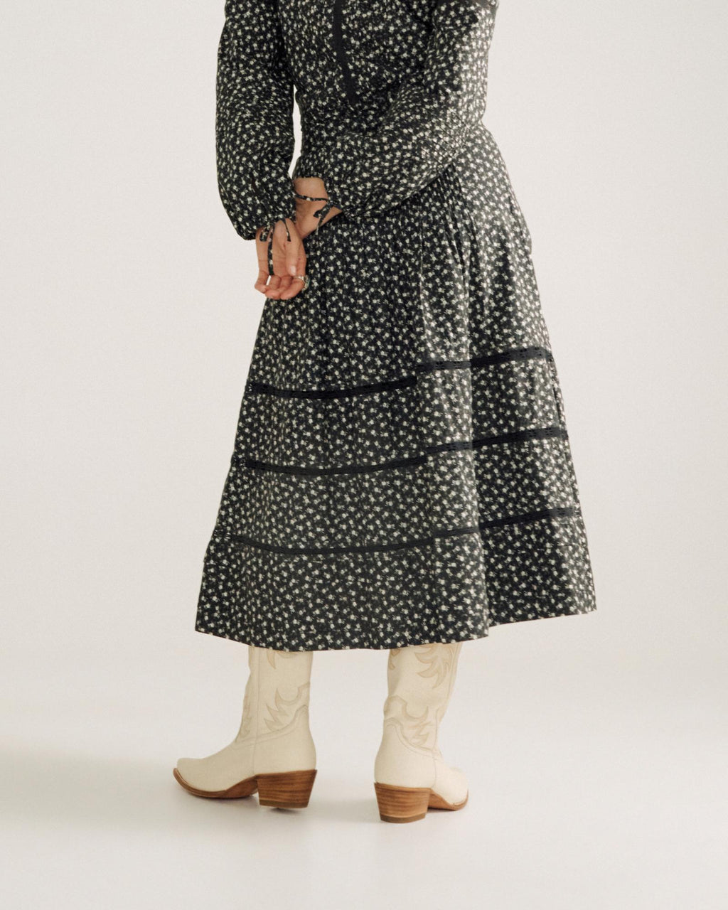 Back view of Women's Cotton Poplin Midi Skirt - Black / White on model