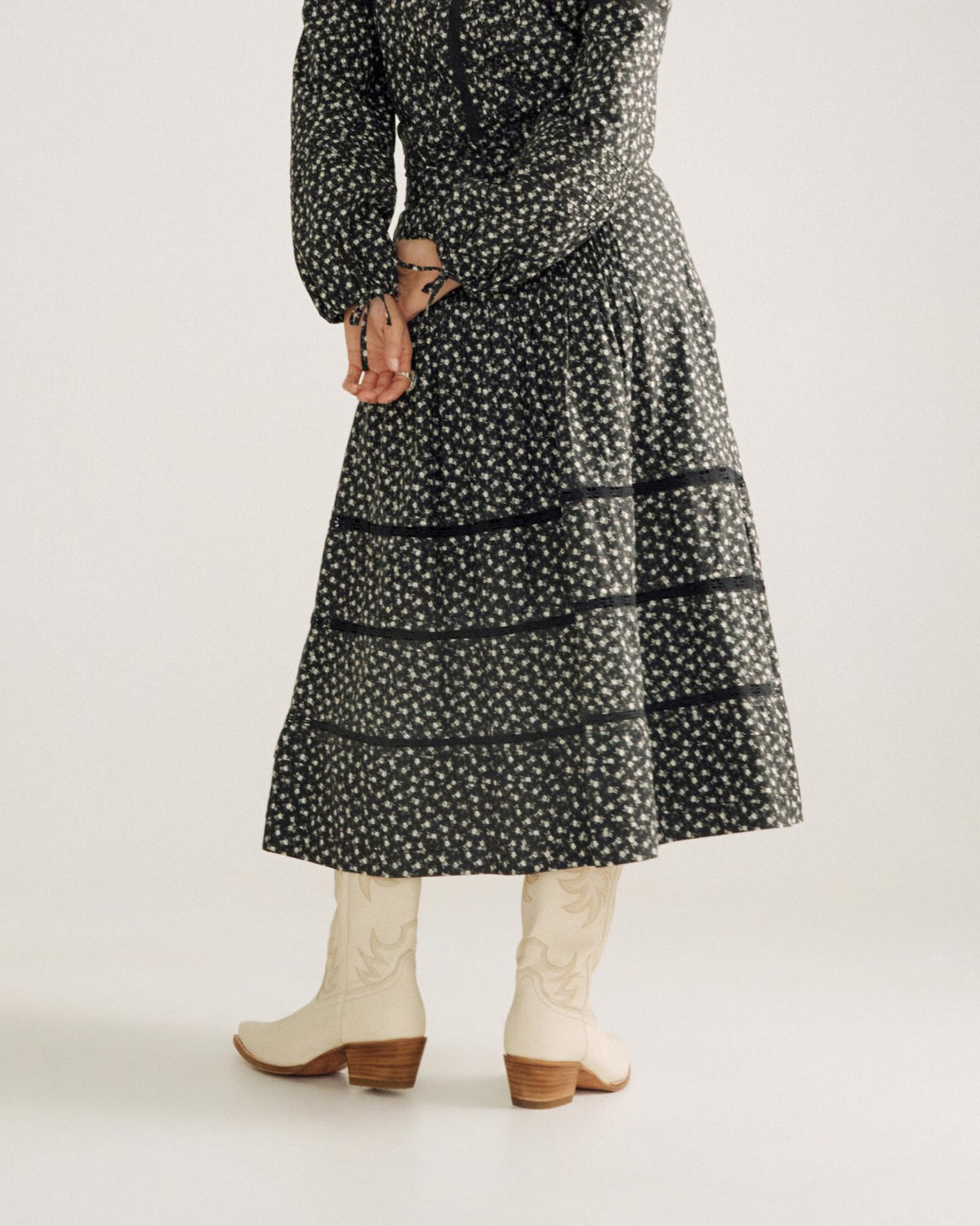 Back view of Women's Cotton Poplin Midi Skirt - Black / White on model