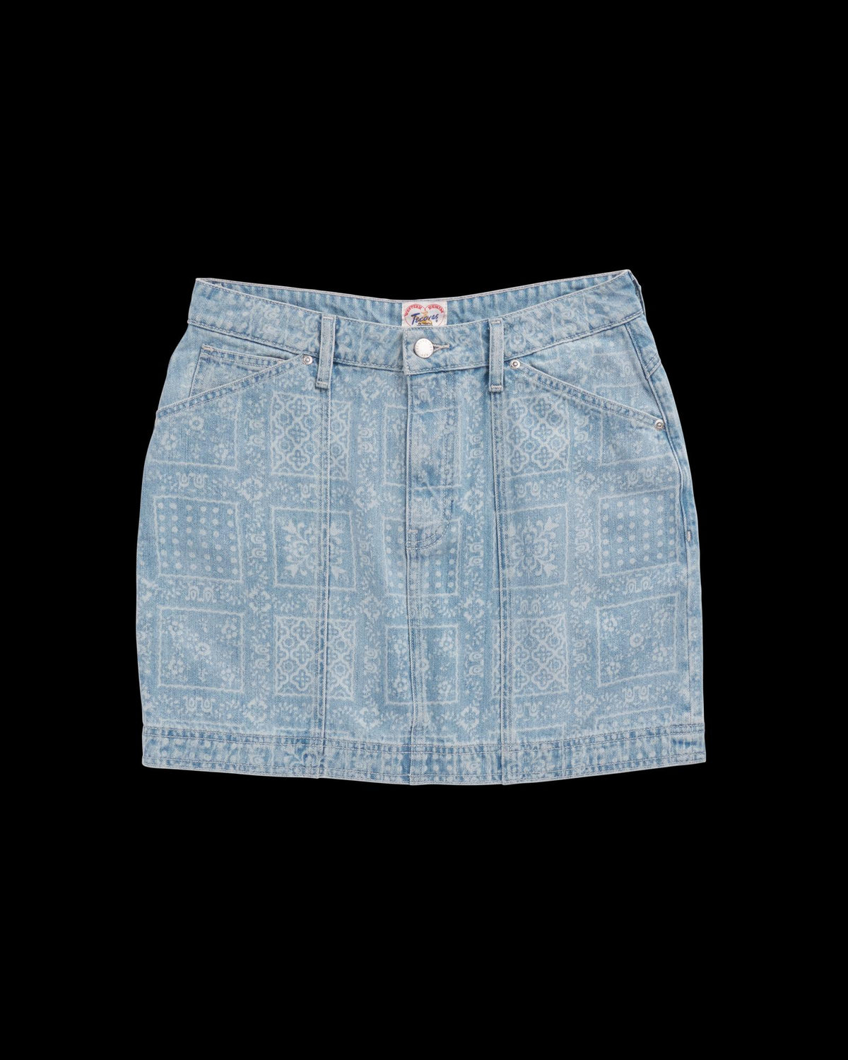 Front view of Women's High-Rise Denim Mini Skirt - Blue Bandana on plain background