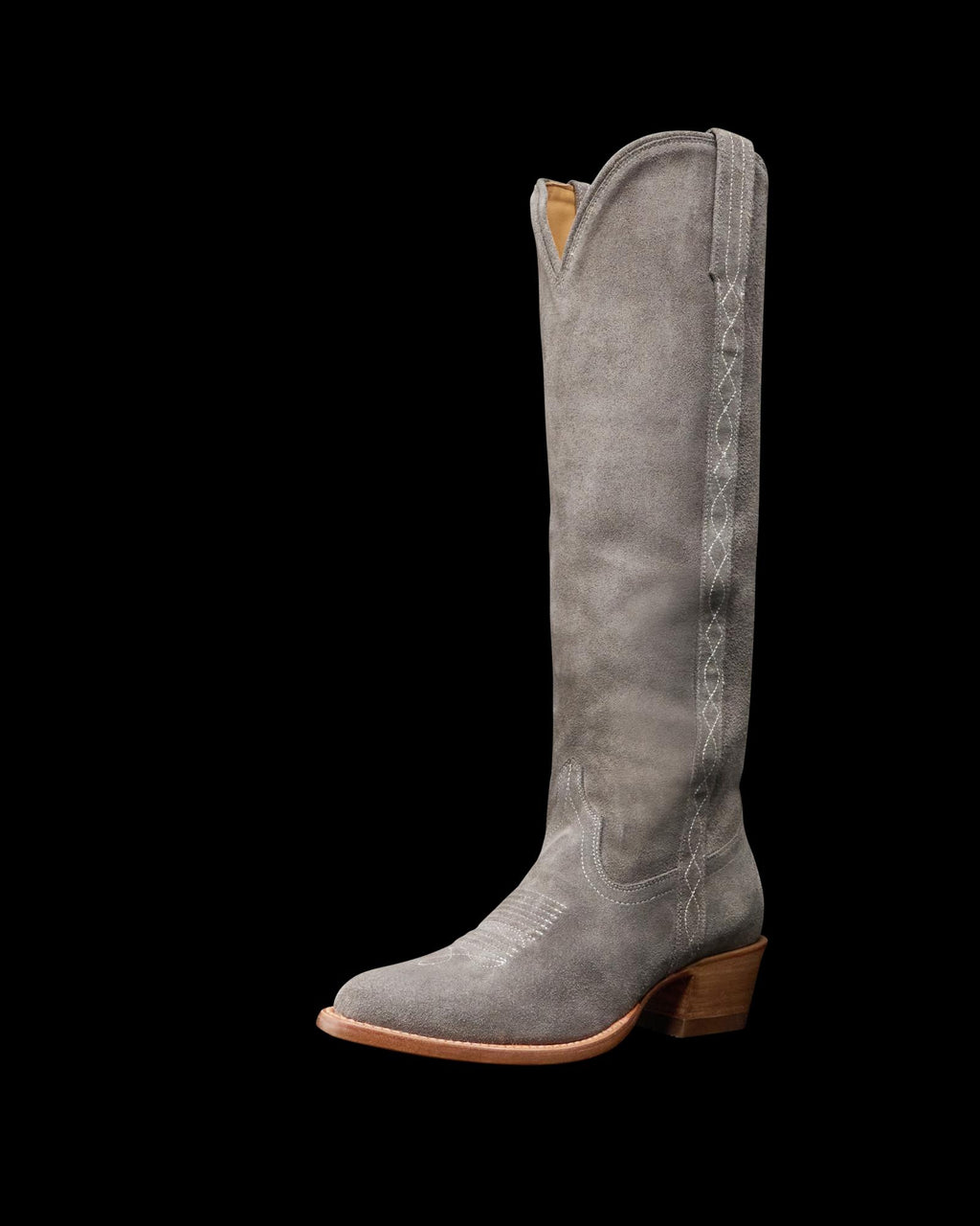 Quarterfront view of The Abby Cavalier - Charcoal Suede on plain background
