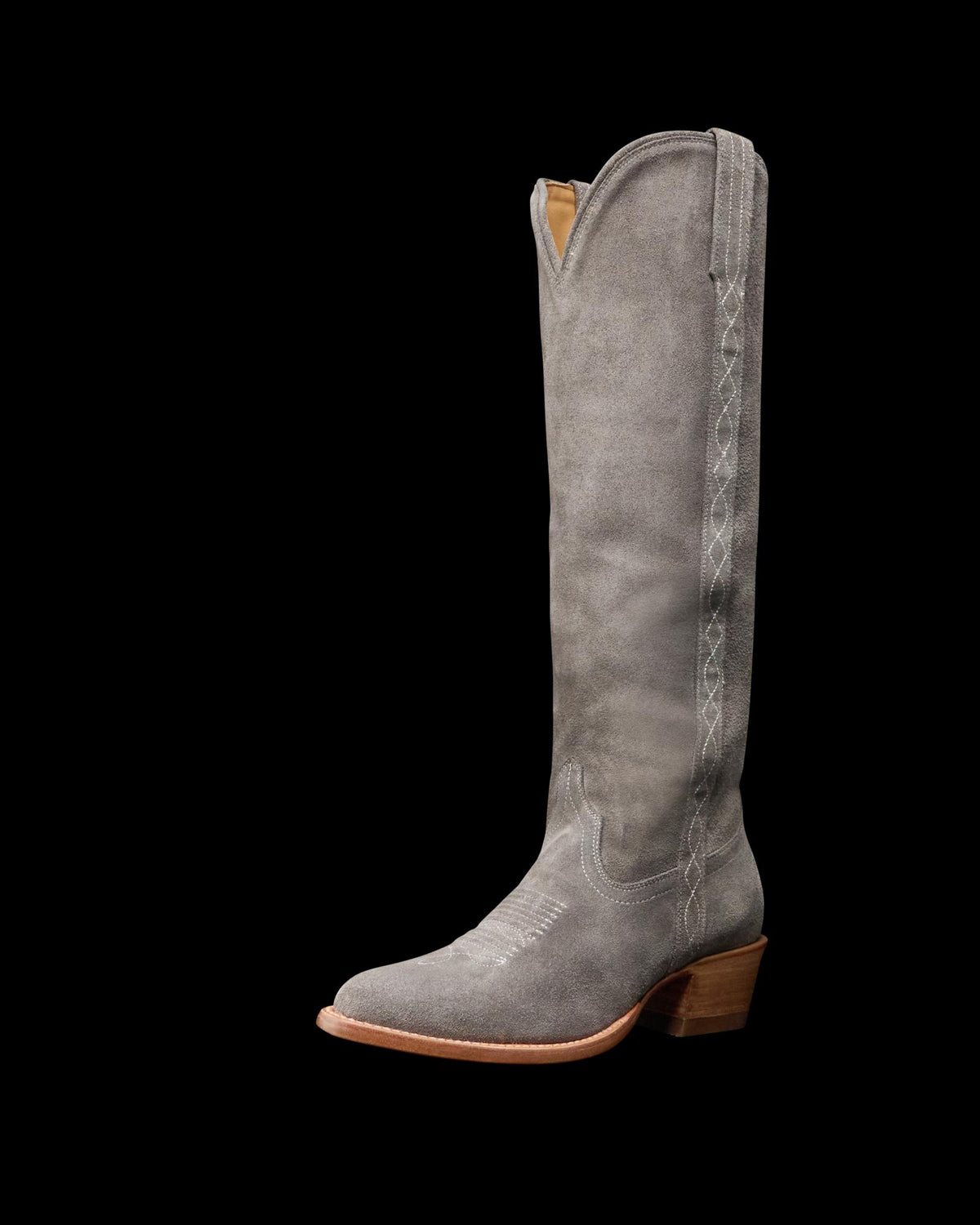 Quarterfront view of The Abby Cavalier - Charcoal Suede on plain background