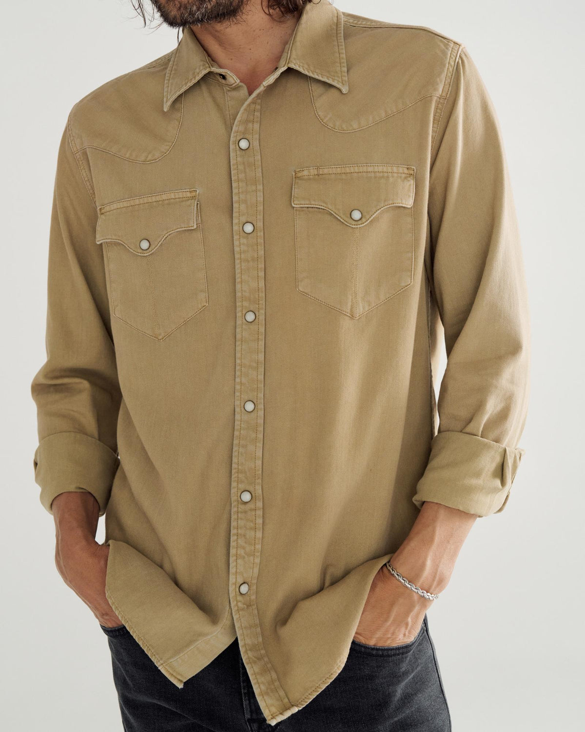 Closeup detail view of Men's Denim Long Sleeve Pearl Snap - Coriander