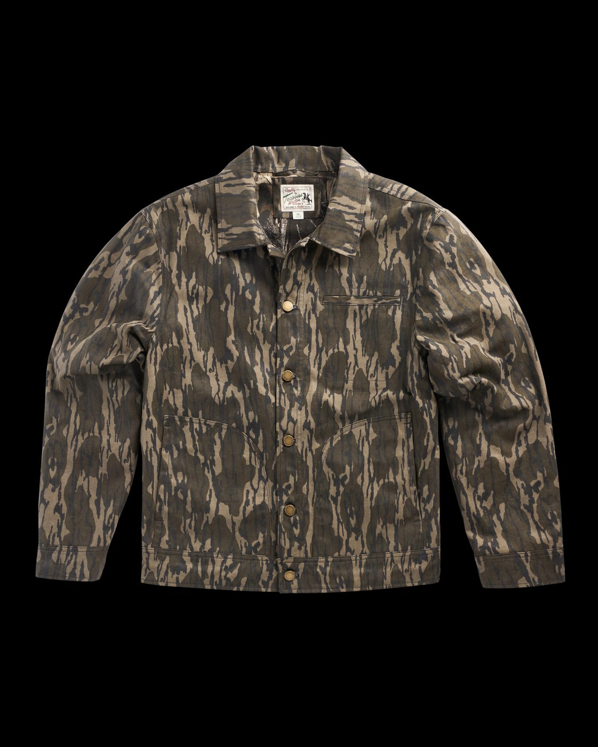 Front view of Men's Tecovas x Mossy Oak Waxed Ranch Jacket - Original Bottomland on plain background