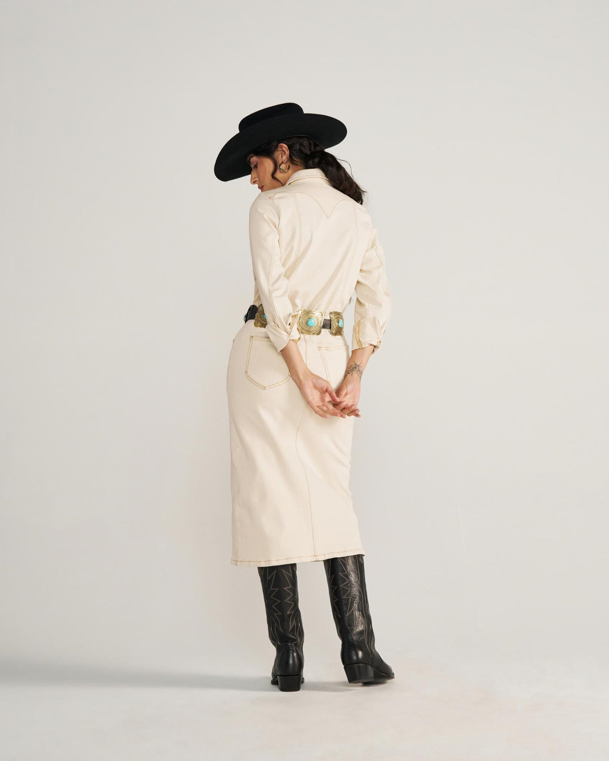 Closeup detail view of Women's L/S Natural Denim Midi Dress - Natural
