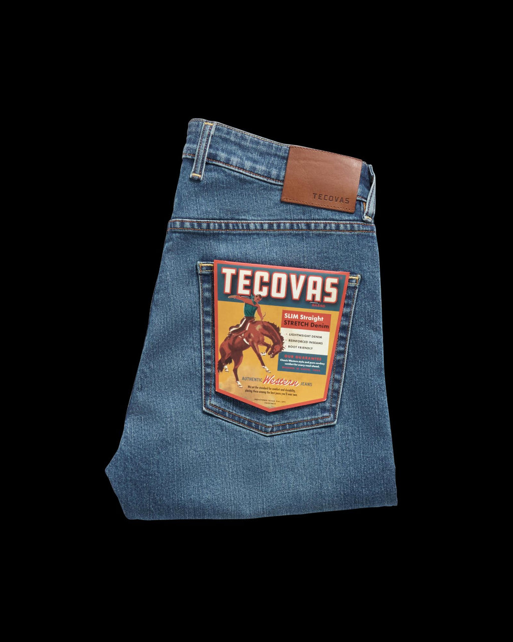 Front view of Men's Slim Straight Stretch Denim - Medium Indigo on plain background