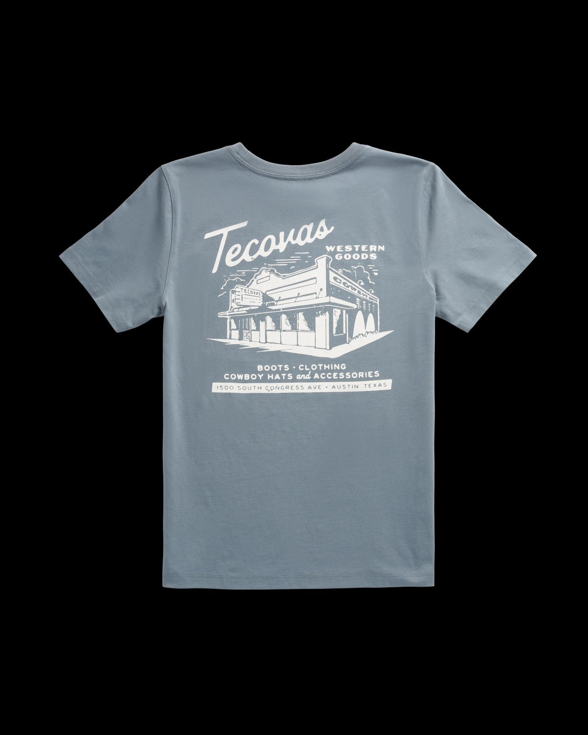Front view of Women's Store Front Tee - Blue on plain background