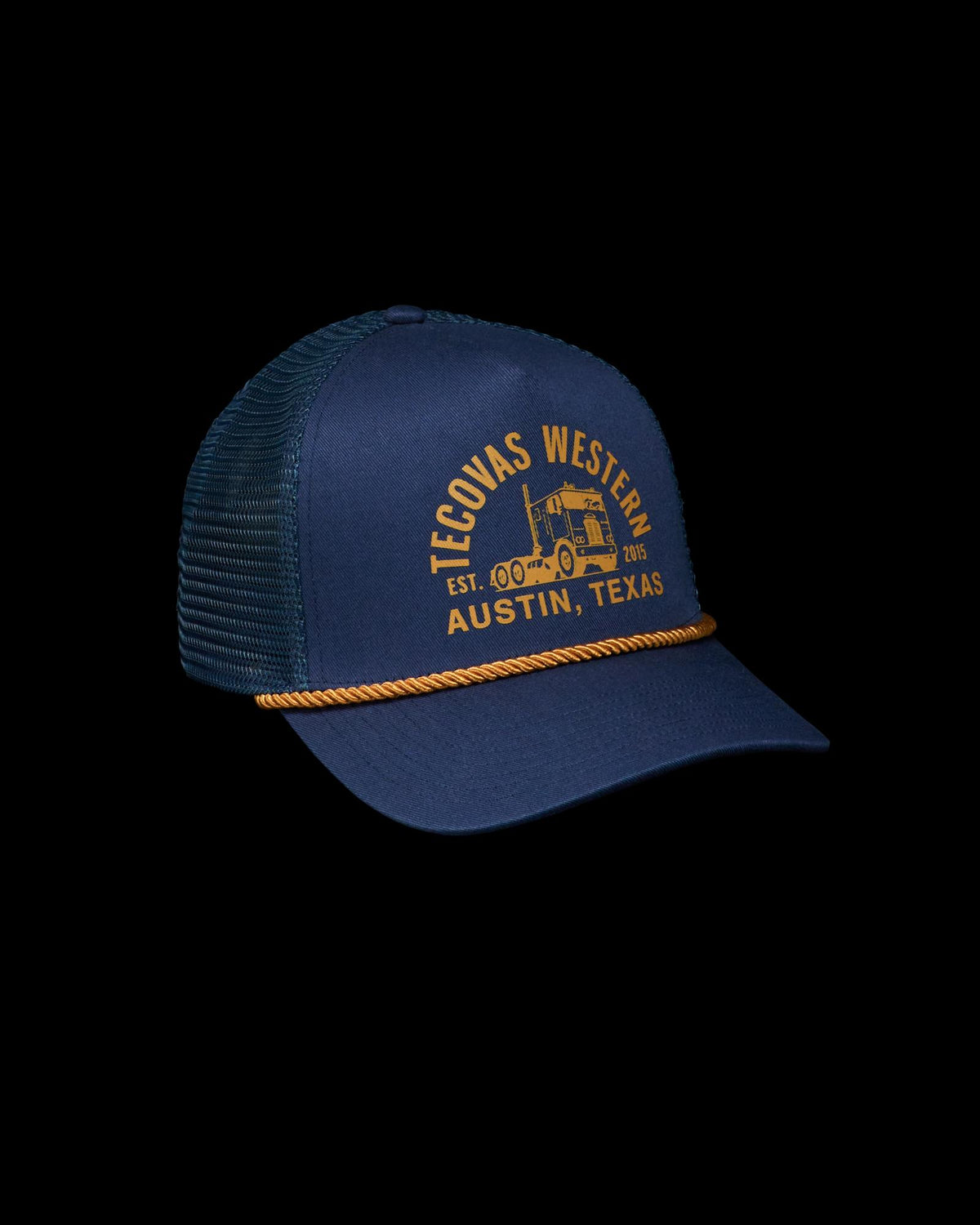 Quarterfront view of Tecovas Truck 5 Panel High Pro Trucker - Navy on plain background