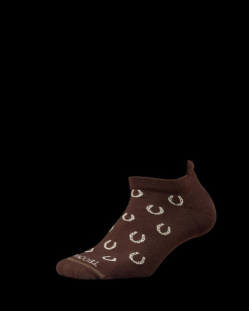 Brown ankle sock with a white horseshoe pattern, shown from a side angle on a plain white background.