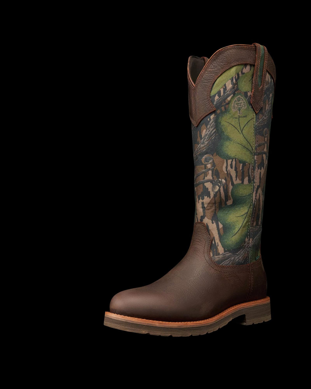 Quarterfront view of Tecovas x Mossy Oak Snake Boot - Full Foliage Cowhide on plain background